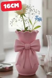 Coquette Fiyonklu Dekoratif Vazo 16 cm | Estetik Kurdele Detaylı Çiçek Vazosu | Romantik Oda